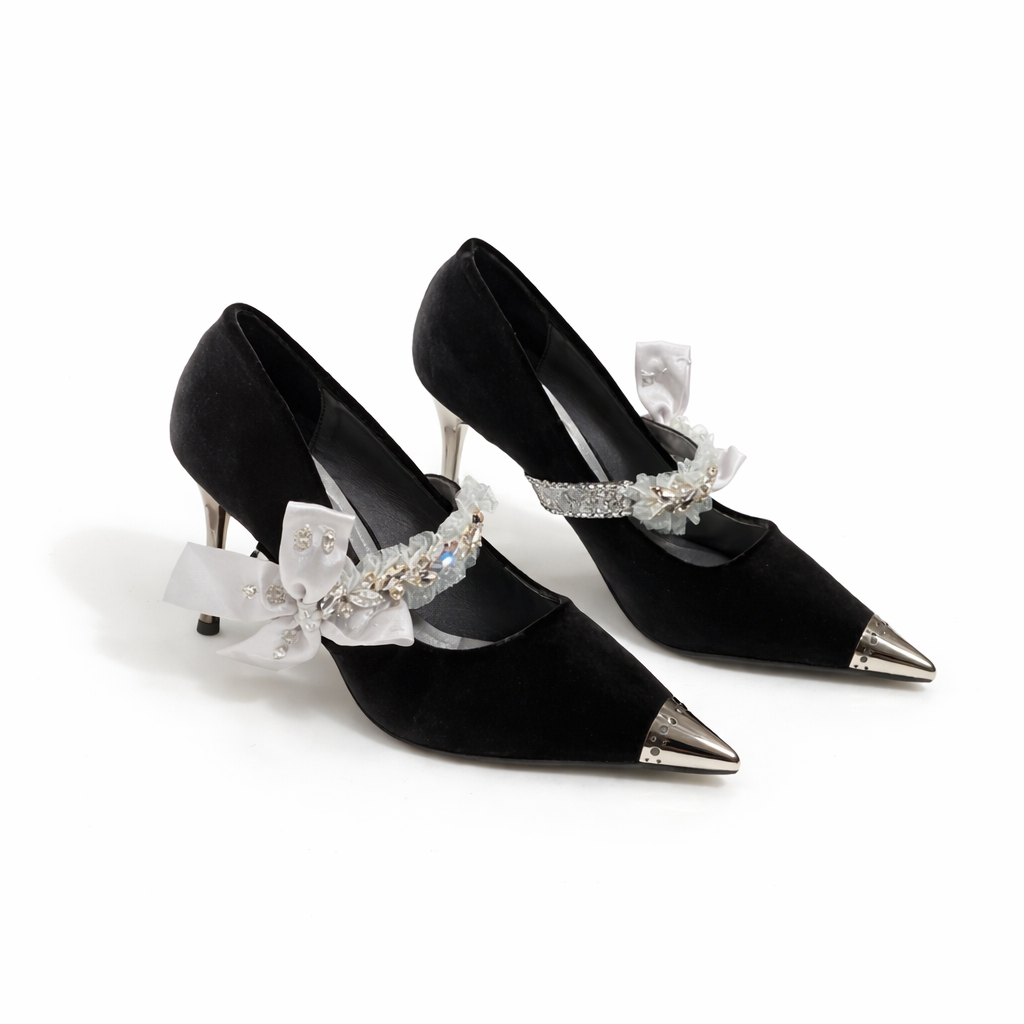 pointed toe velvet pumps with ribbon bow and crystal strap – VELORA