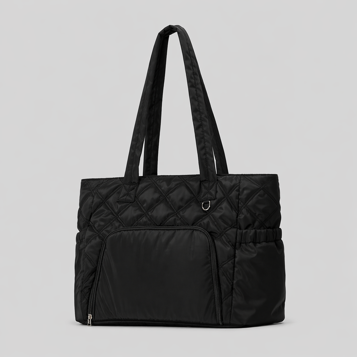 Beige Quilted Nylon Tote Bag with Front Zipper Pocket - VELORA