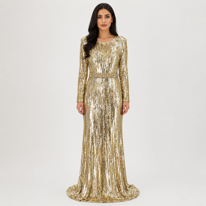 Long sleeve column dress with sequined embellishments - Jinwy