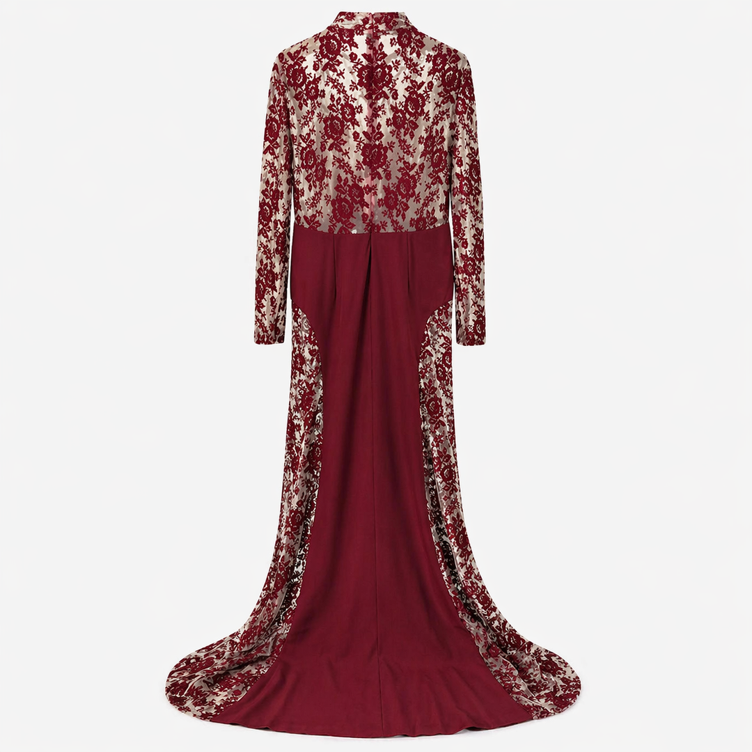 Red Lace Panel Mermaid Maxi Dress with High Neck - VELVORA