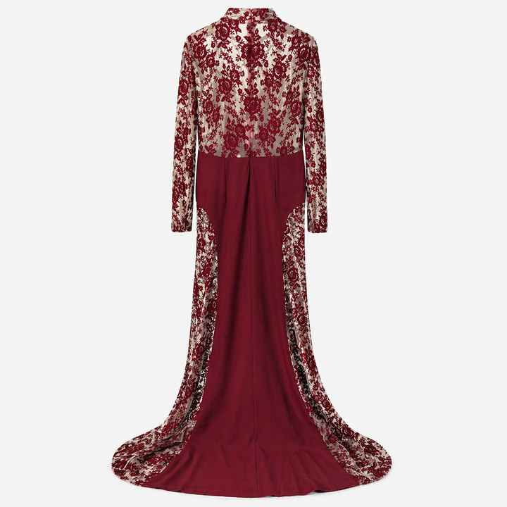 Red Lace Panel Mermaid Maxi Dress with High Neck - VELVORA
