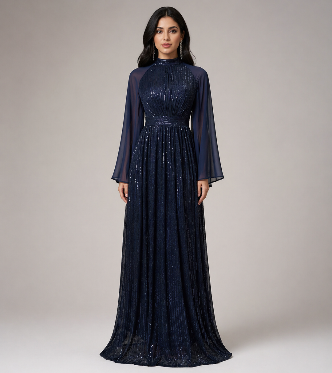 Burgundy Sequin Flowy Sleeve Evening Dress-ELVIRE