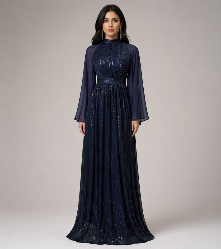 Burgundy Sequin Flowy Sleeve Evening Dress-ELVIRE