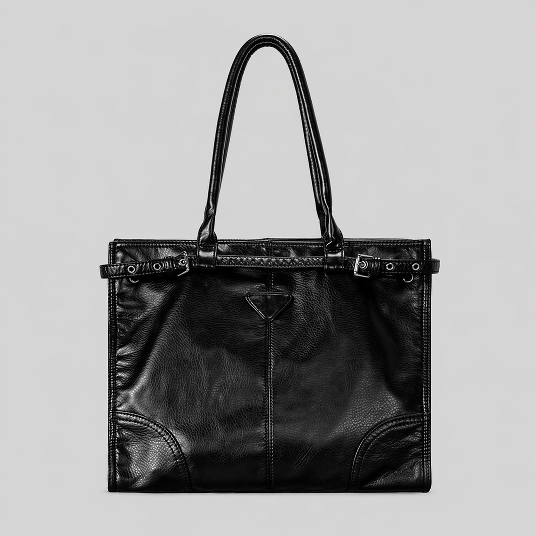 Blue Leather Shoulder Tote Bag with Adjustable Strap Detail - AZURA