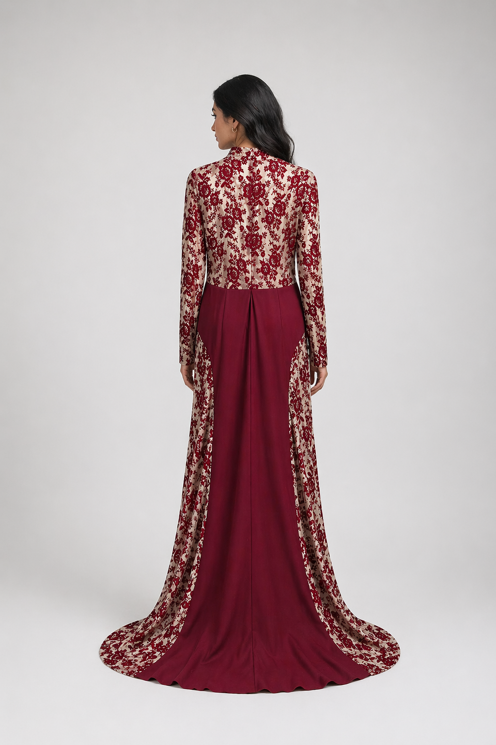 Red Lace Panel Mermaid Maxi Dress with High Neck - VELVORA