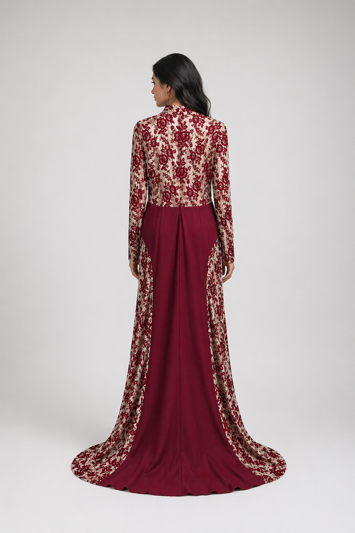 Red Lace Panel Mermaid Maxi Dress with High Neck - VELVORA