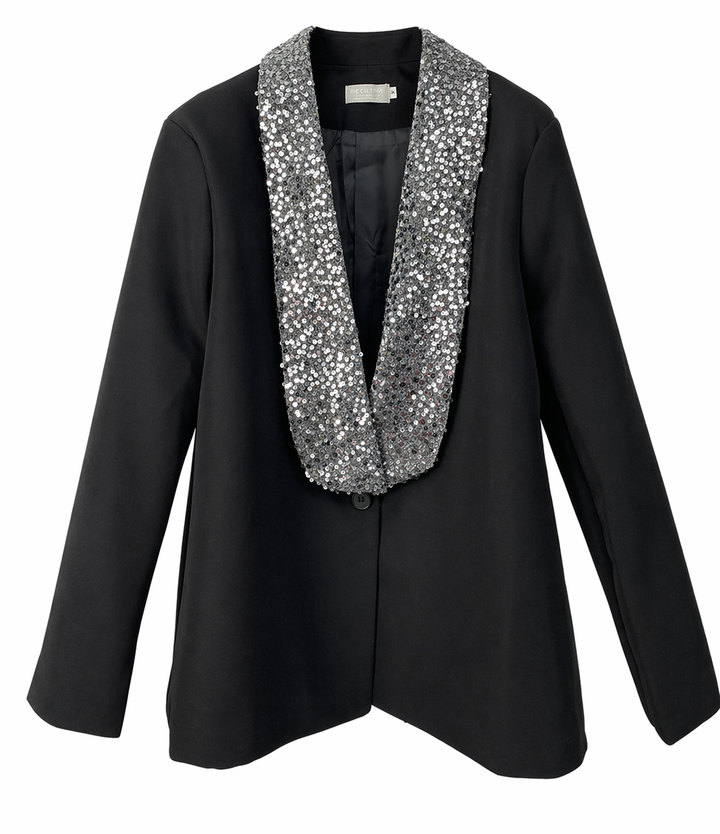 Black Blazer with Sequin Shawl Collar - LUXARA