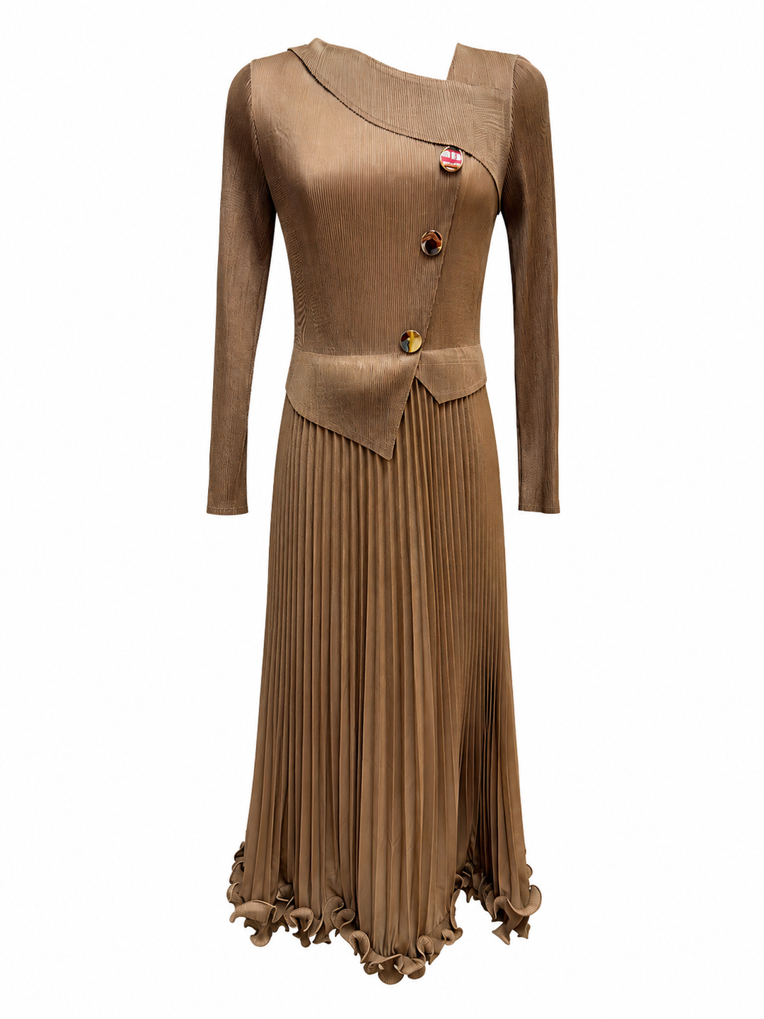 Pleated Button Detail Maxi Dress - Mocha