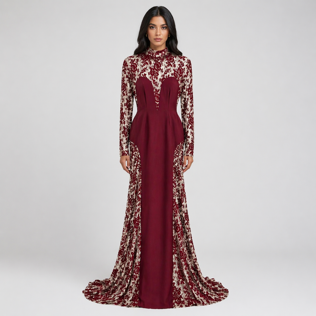 Red Lace Panel Mermaid Maxi Dress with High Neck - VELVORA