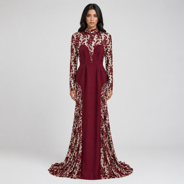 Red Lace Panel Mermaid Maxi Dress with High Neck - VELVORA