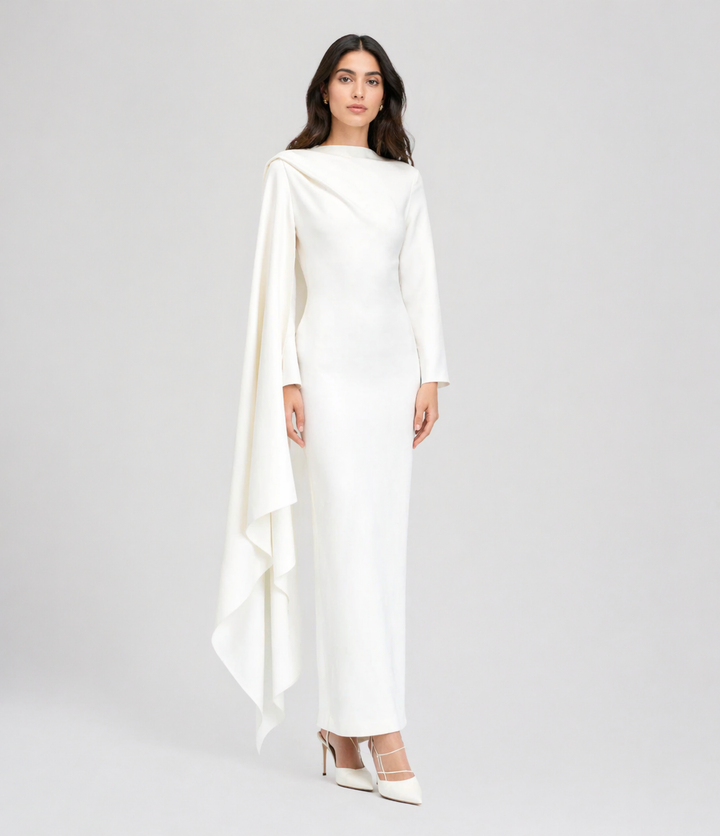 long sleeve column dress with cascading draped cape – IVORY