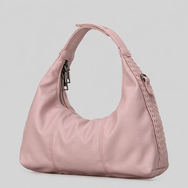 Black Leather Hobo Shoulder Bag with Braided Strap Detail - NOIRVA