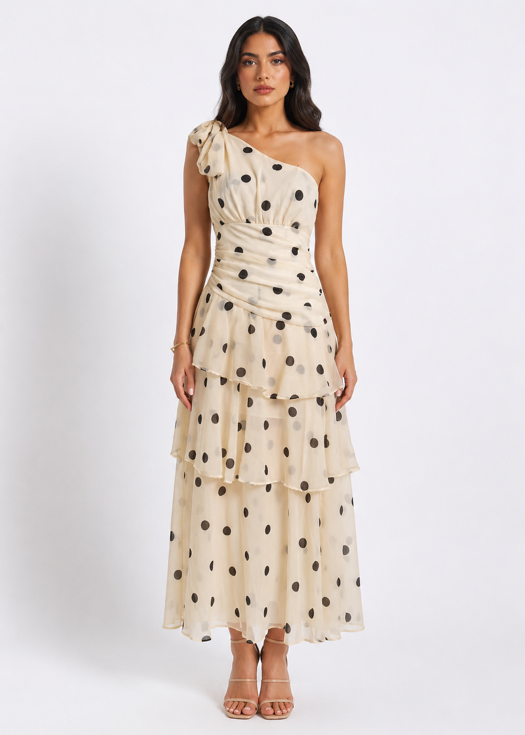 Polka Dot One-Shoulder Maxi Dress - Elegance