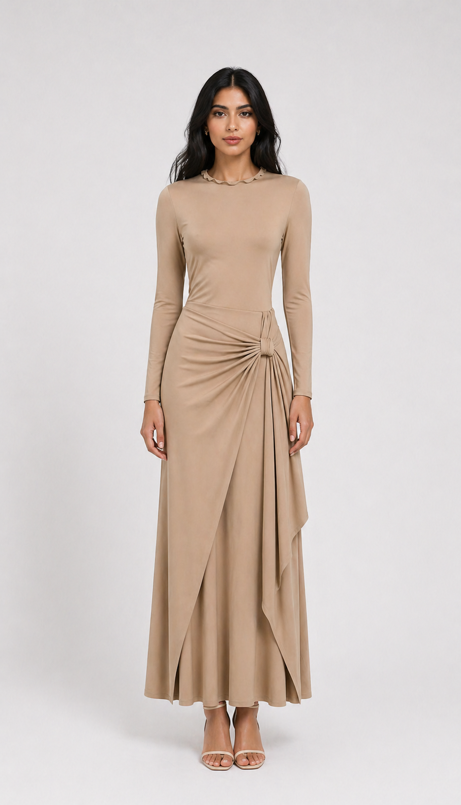 Burgundy Draped Knot Maxi Dress-VELORA