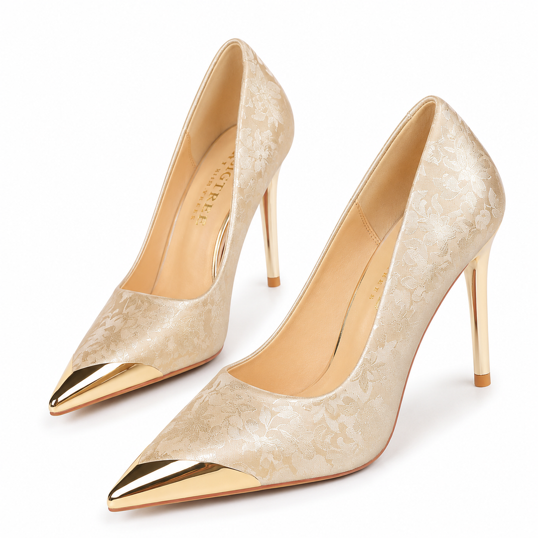 Golden Floral Jacquard Pointed Toe Stiletto Heels – AURÉLIA