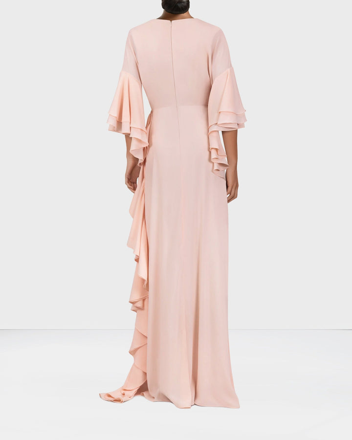 ODD-Ruffle column dress with V neckline