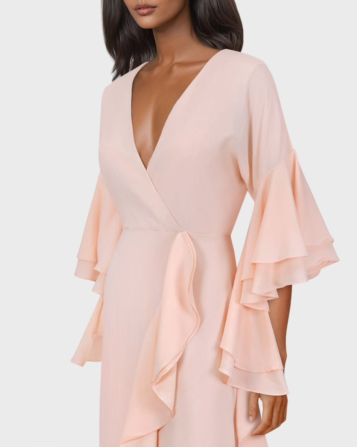 ODD-Ruffle column dress with V neckline