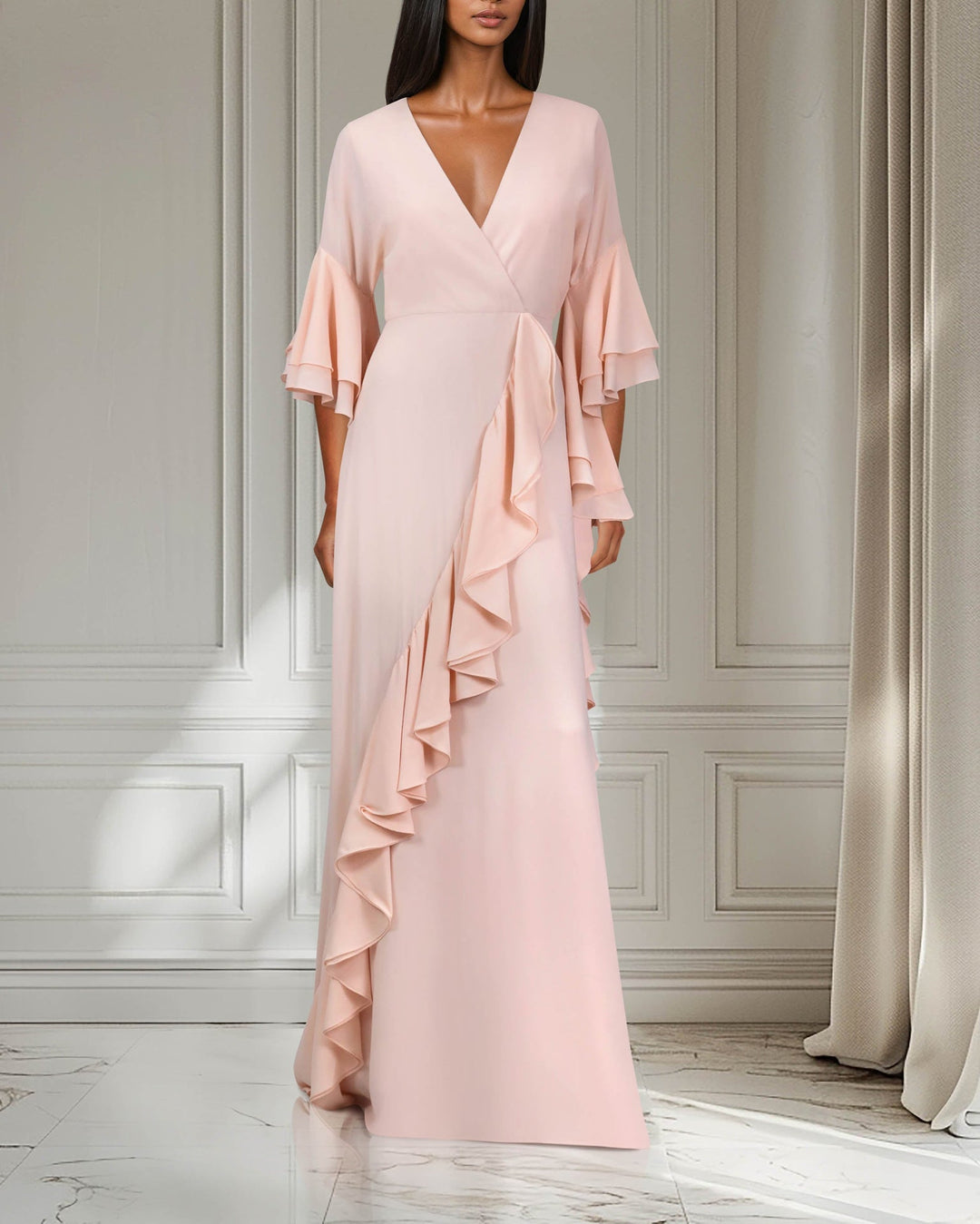 ODD-Ruffle column dress with V neckline