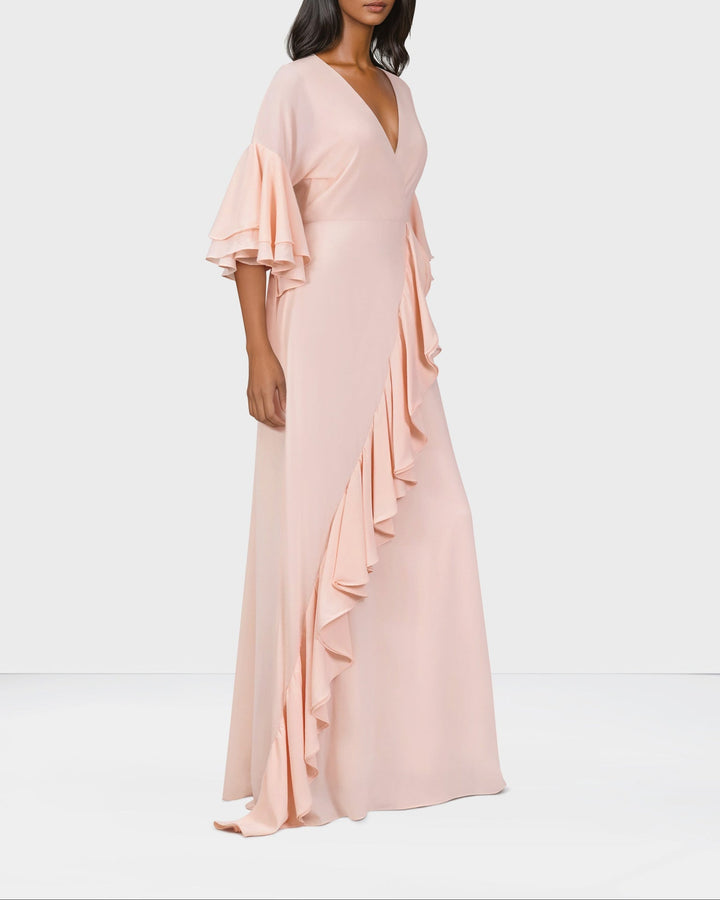 ODD-Ruffle column dress with V neckline