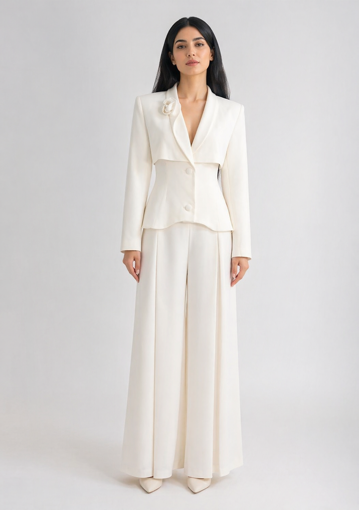 White Tailored Blazer and Wide-Leg Pants Set with Layered Detail - AURELIA