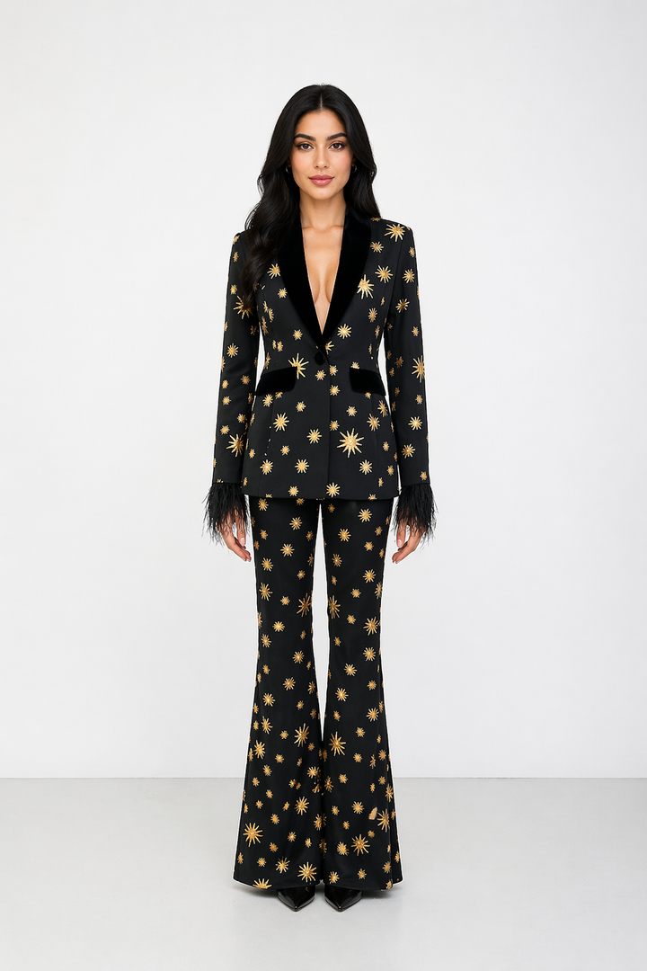 Black Star Print Blazer and Pants Set with Feather Cuffs - ASTORIA