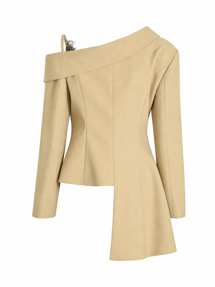 Asymmetric One-Shoulder Blazer Top with Lace Detail – SAND