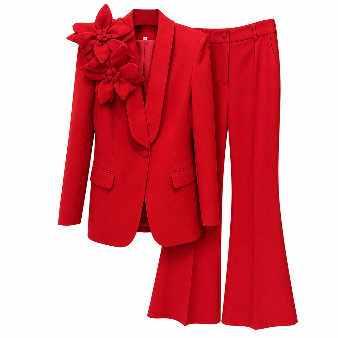 Red Floral Statement Blazer & Flared Pants Set – ROSÉLLE