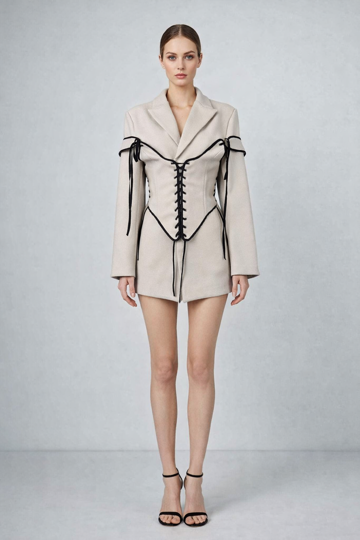 Beige Lace-Up Corset Blazer-RENOV
