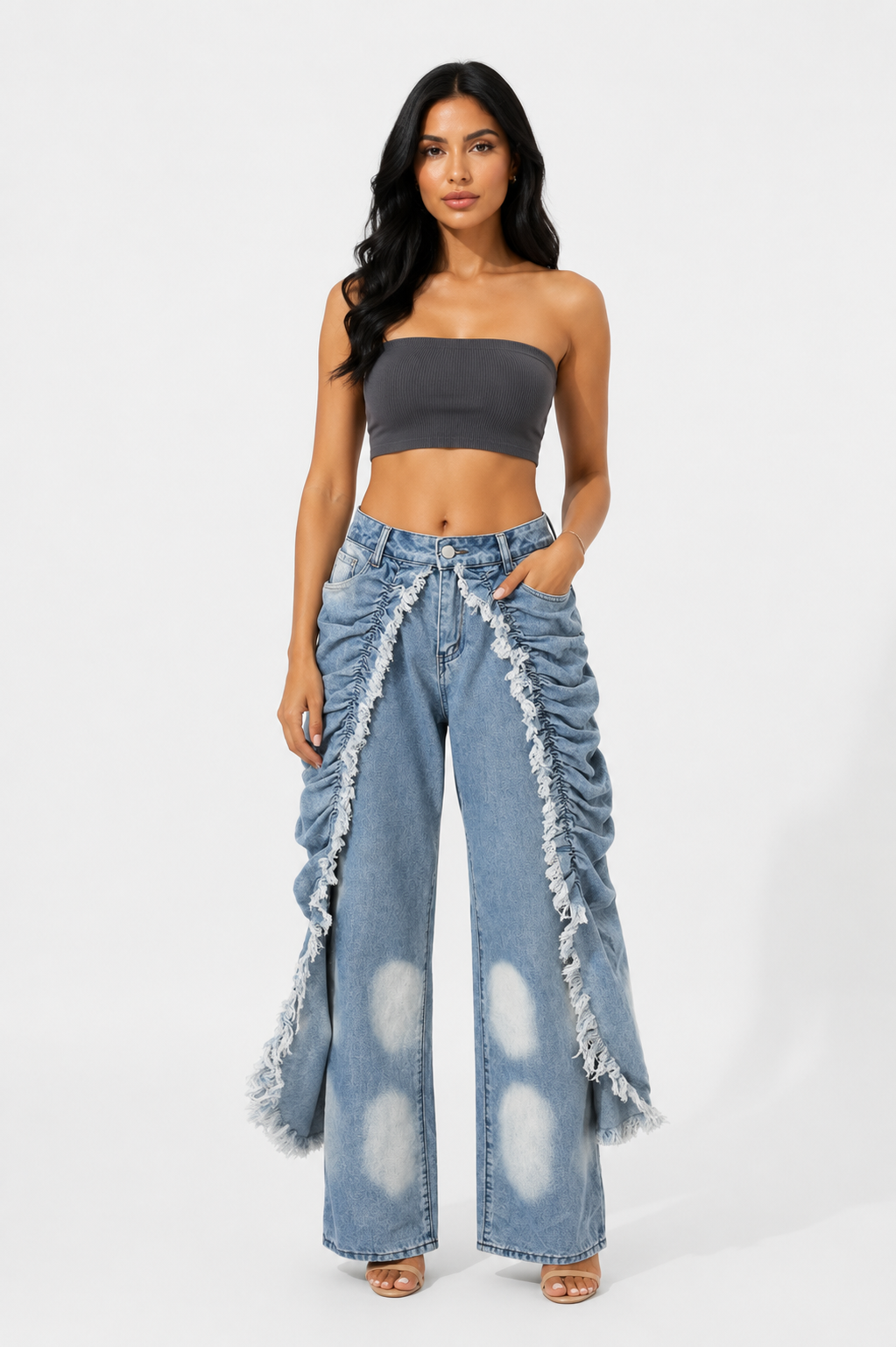 Ruched Raw Edge Denim Pants - Trendy