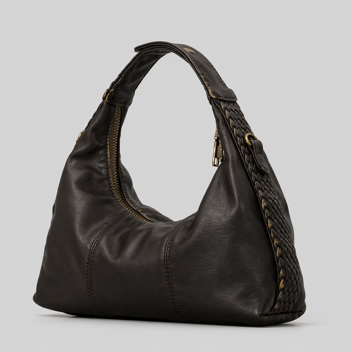 Black Leather Hobo Shoulder Bag with Braided Strap Detail - NOIRVA