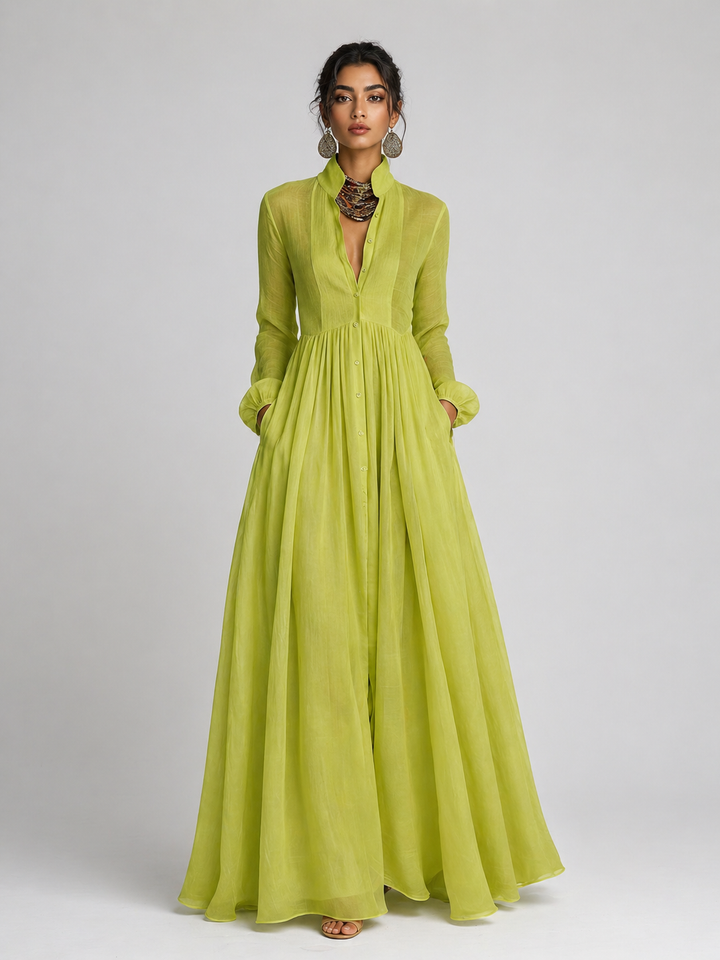Lime Green Gathered Waist Shirt Maxi Dress - ROSÉVAS
