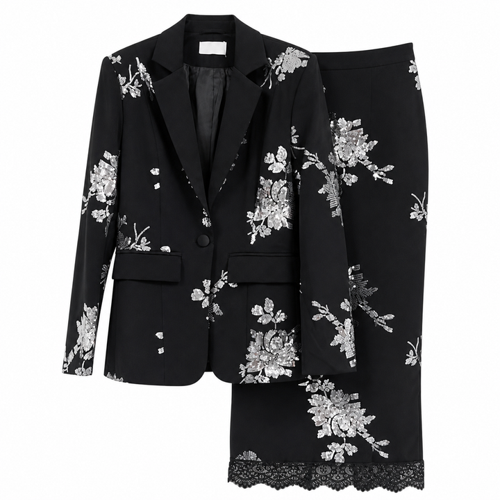 Black Floral Embroidered Blazer & Pencil Skirt Set – NOIRÉA