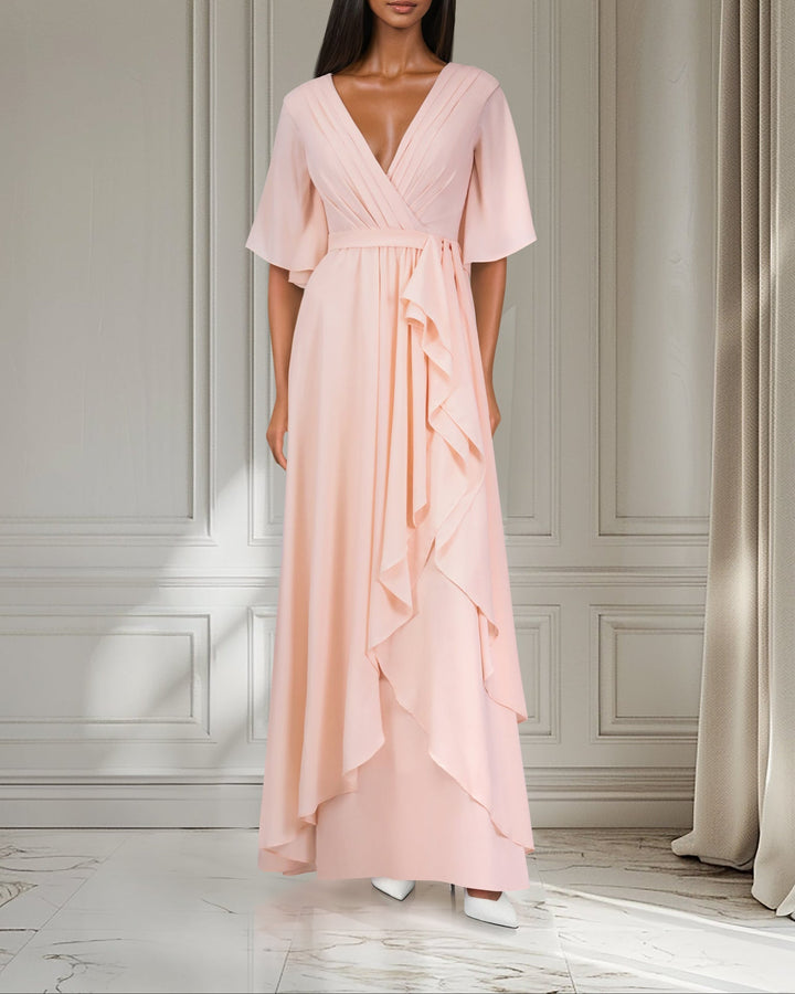 ODD-Ruffle column dress with pleated front