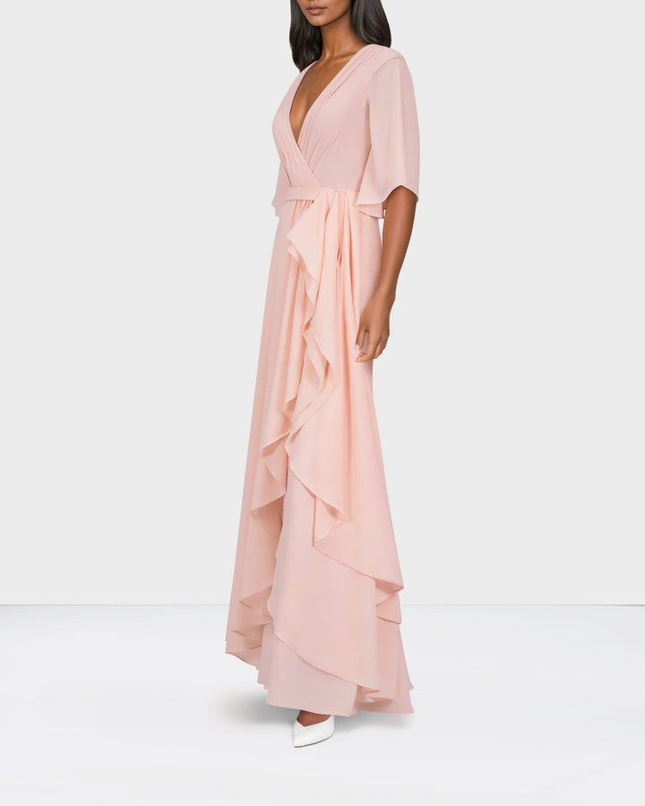 ODD-Ruffle column dress with pleated front