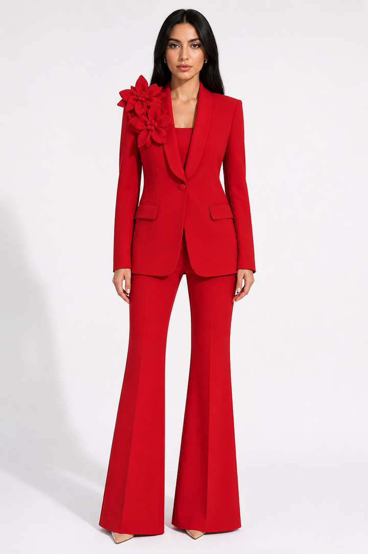 Red Floral Statement Blazer & Flared Pants Set – ROSÉLLE