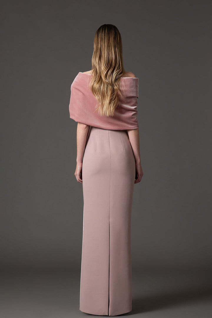 off-shoulder column gown with embellished velvet drape – ODD- ELYSIA