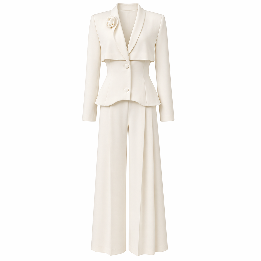 White Tailored Blazer and Wide-Leg Pants Set with Layered Detail - AURELIA