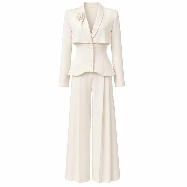 White Tailored Blazer and Wide-Leg Pants Set with Layered Detail - AURELIA