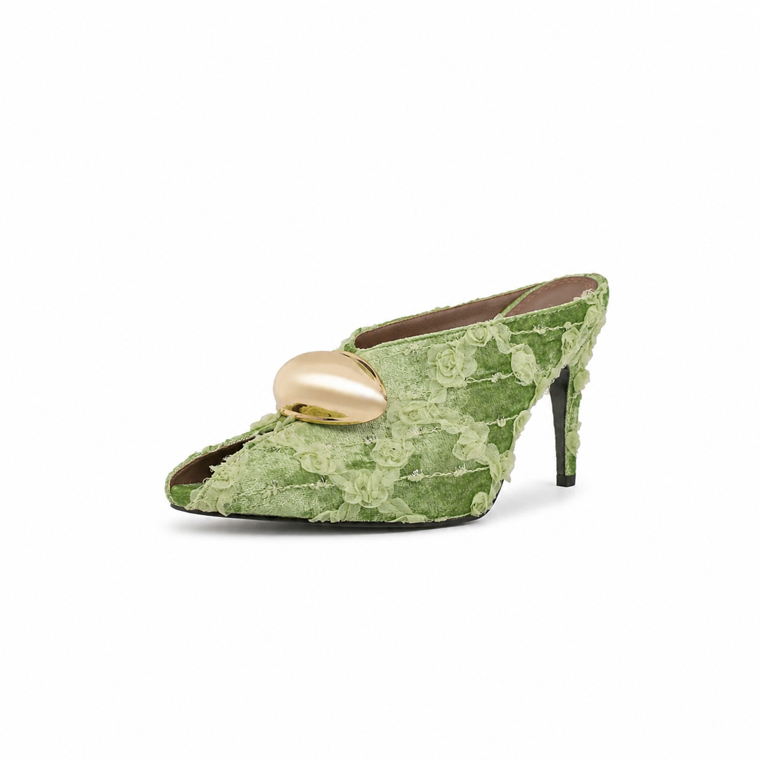 floral lace pointed mule heels with gold accent – VERDIA