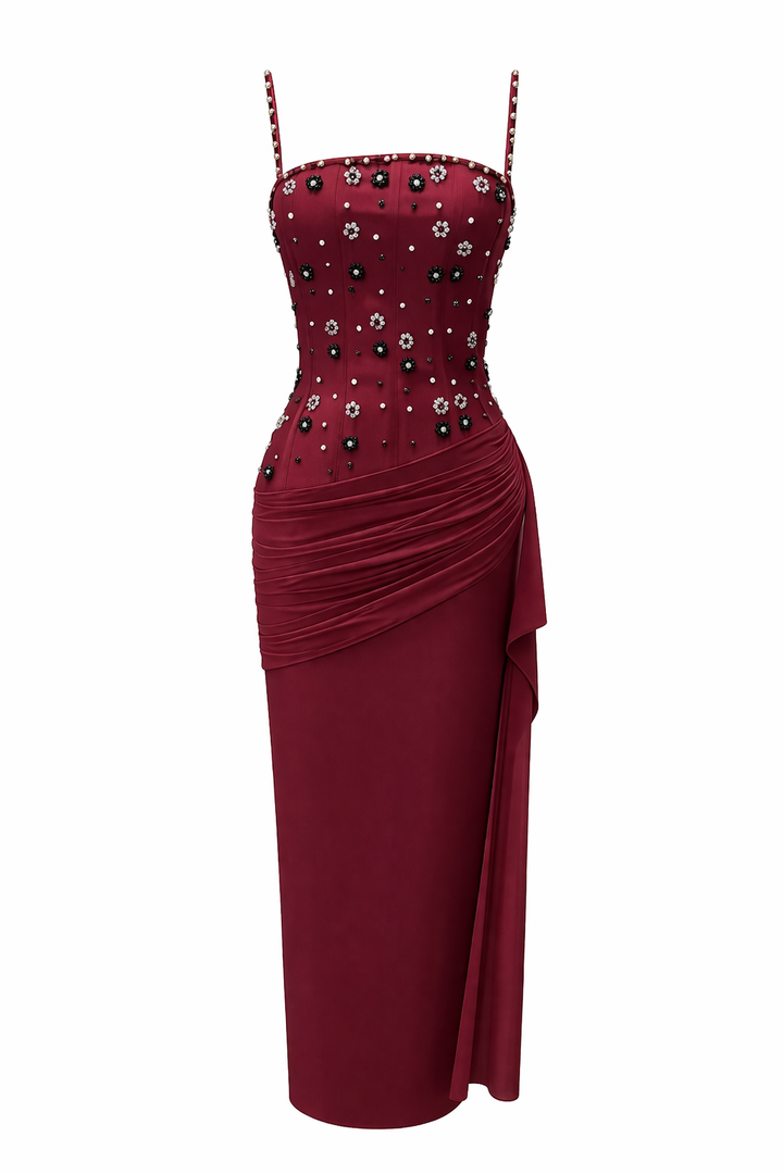 spaghetti strap fitted midi dress with floral crystal embellishments – RUBY