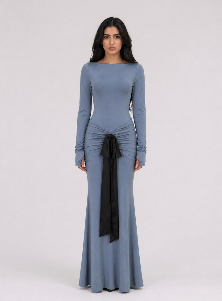 Dusty Blue Ruched Maxi Dress with Black Tie- AURÉLIA