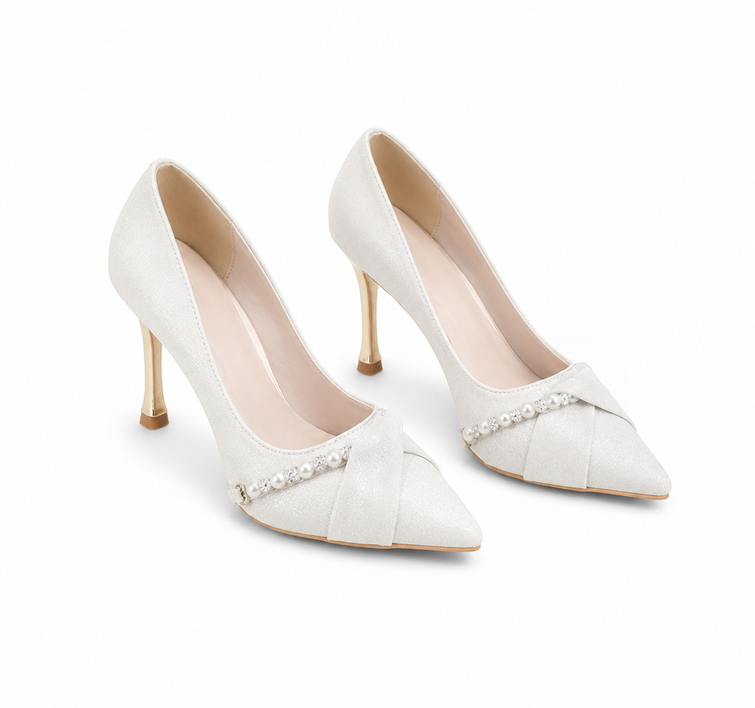 Elegant Red Pearl Detail Stiletto Heels - Pointed