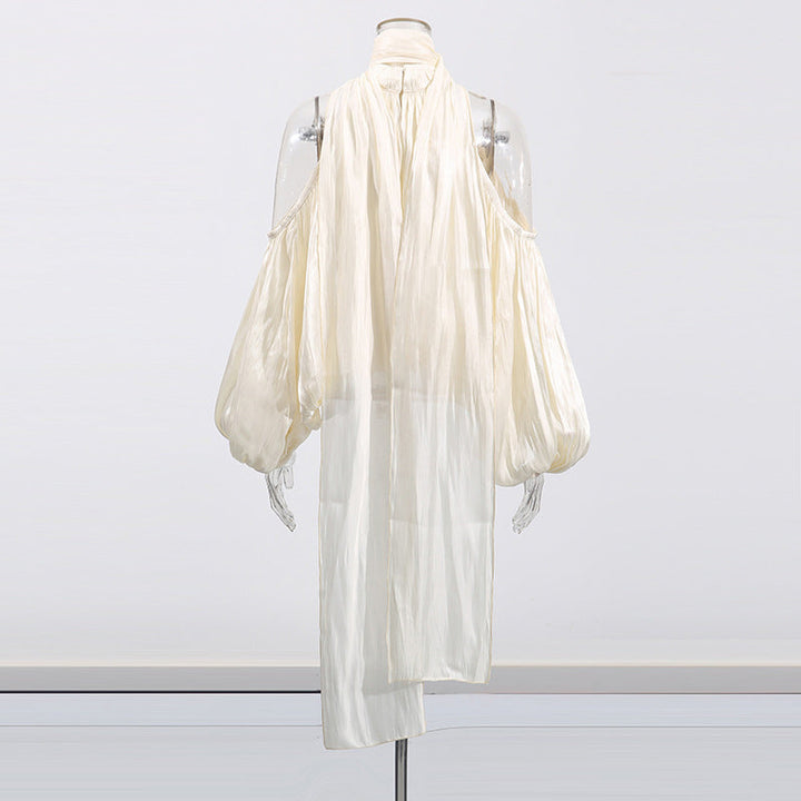 halter neck blouse with draped chiffon volume – IVORY