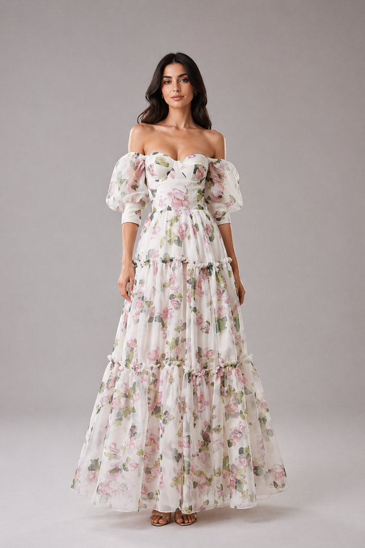 Off-Shoulder Floral Organza Maxi Dress - FLORÉA