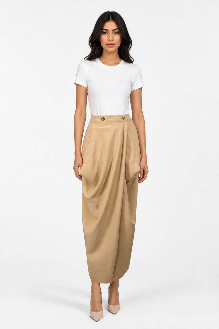 Asymmetric Draped Midi Skirt – ÉLÉGANCE