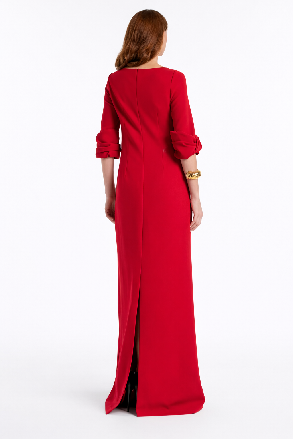 boat-neck column gown with rolled sleeves – ROSARIA