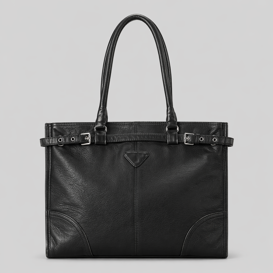 Blue Leather Shoulder Tote Bag with Adjustable Strap Detail - AZURA