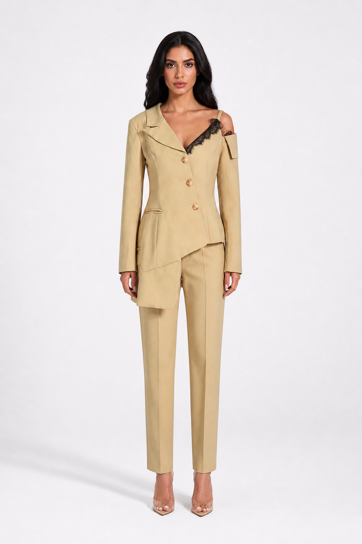 Asymmetric One-Shoulder Blazer Top with Lace Detail – SAND
