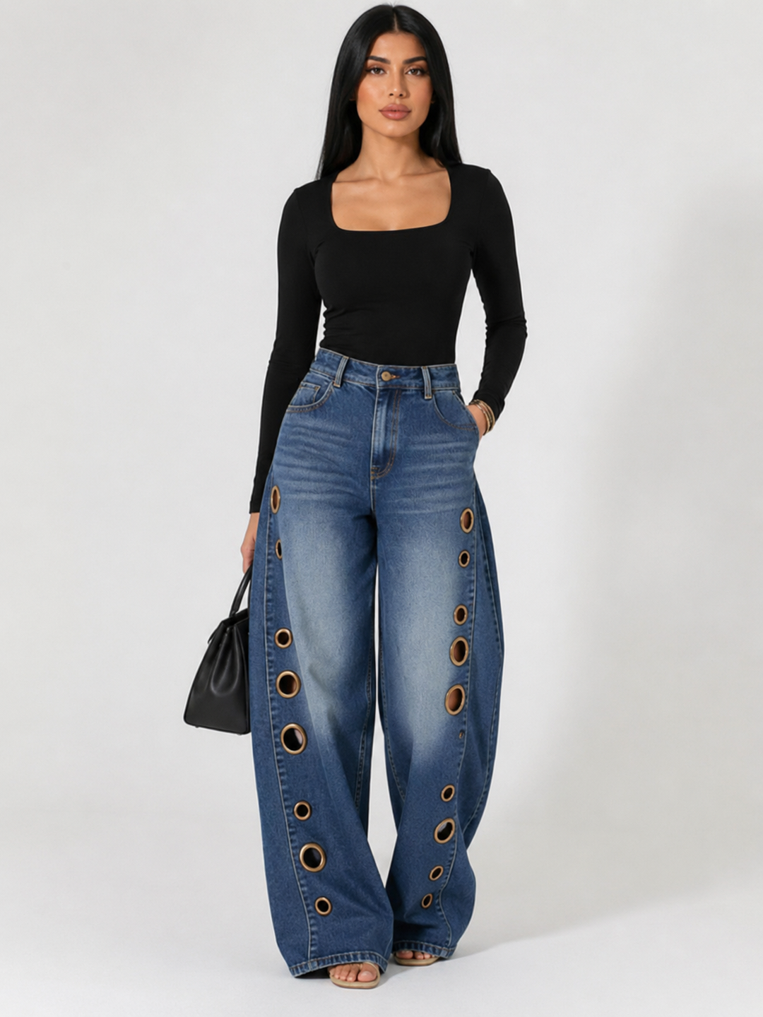 Wide Leg Eyelet Denim Jeans - Chicx