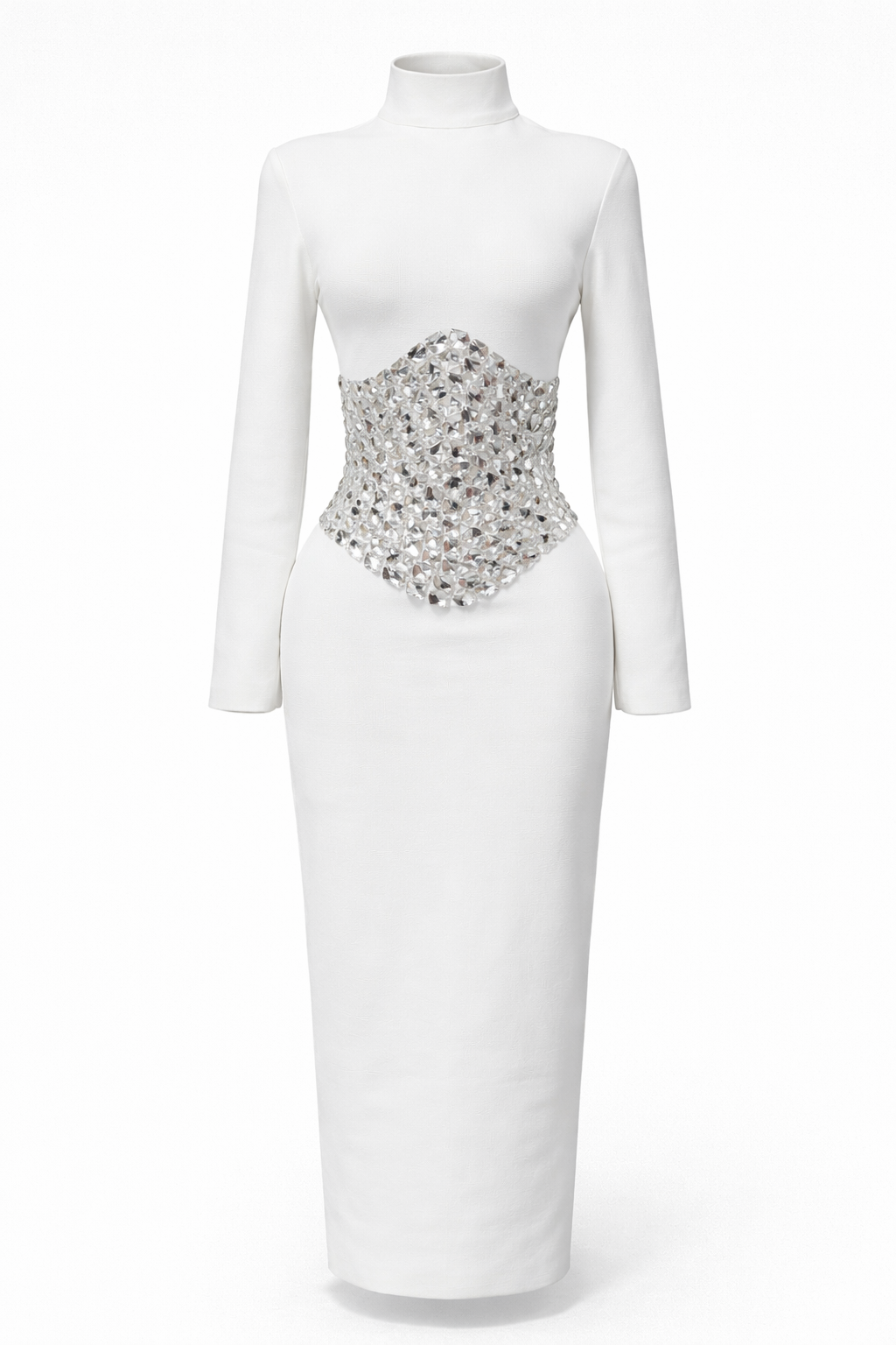 long sleeve high-neck maxi dress with crystal waist embellishment – CRYSTAL